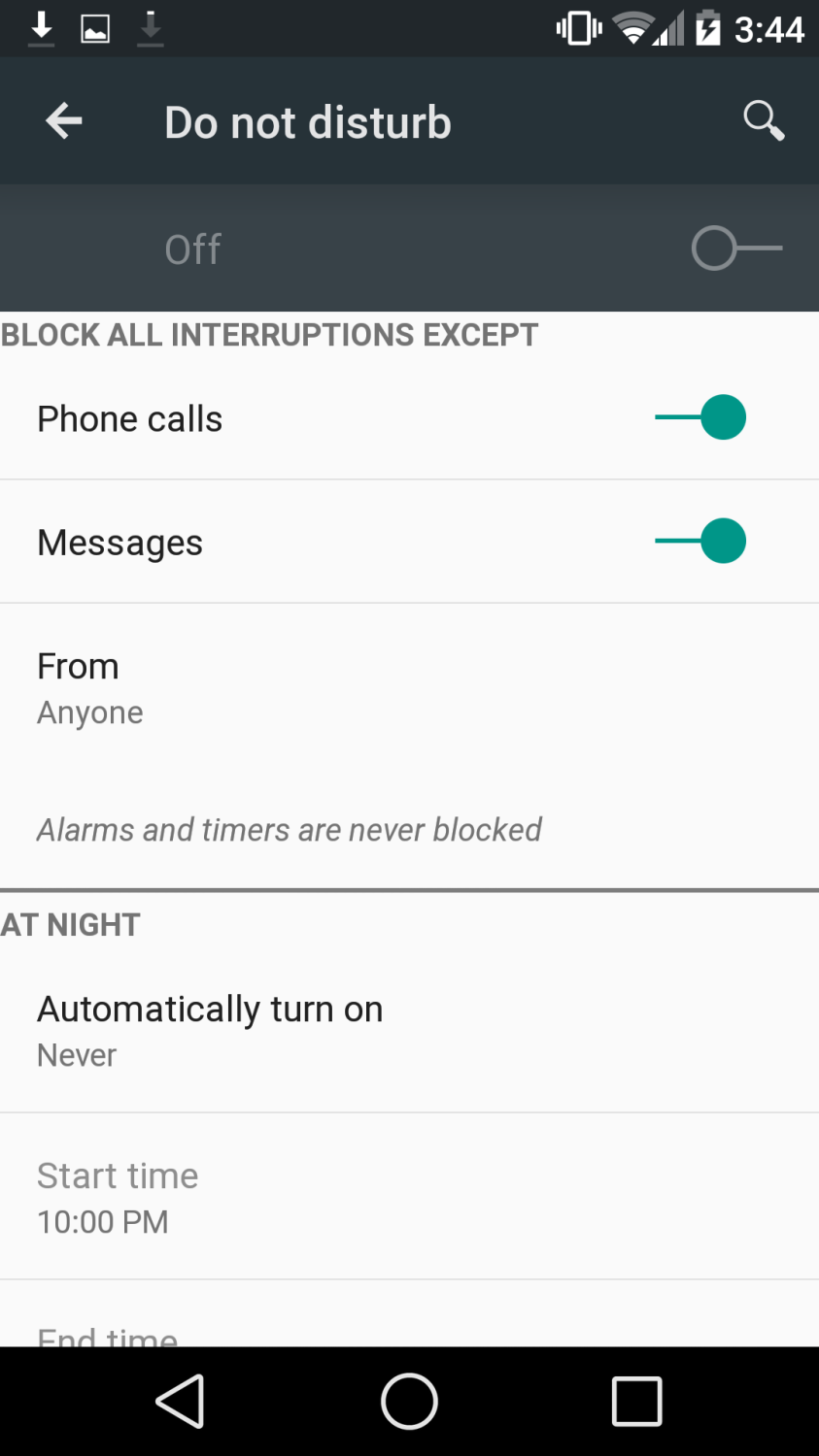 Android L Developer Do Not Disturb Settings