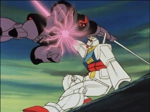 Gundam destroys a Dom, a Zeon Mobile Suit, in battle.