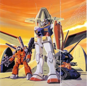 Gundam, Guncannon, and Guntank atop the White Base.