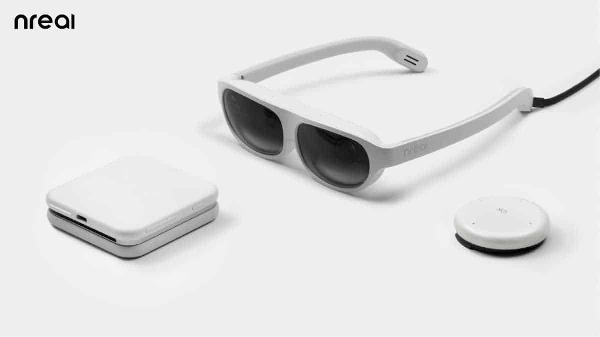 The nreal light mixed reality glasses tether to a 5G smartphone via USB-C.