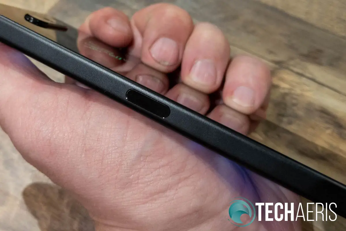 The power button doubles as a fingerprint scanner and is flush with the side of the phone