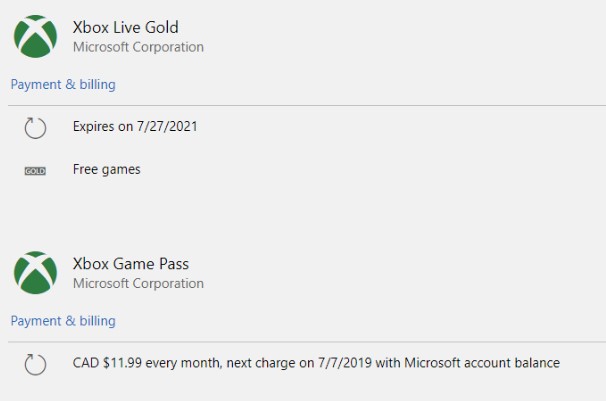 Pre-upgrade Xbox Live Gold and Xbox Game Pass subscriptions screenshot