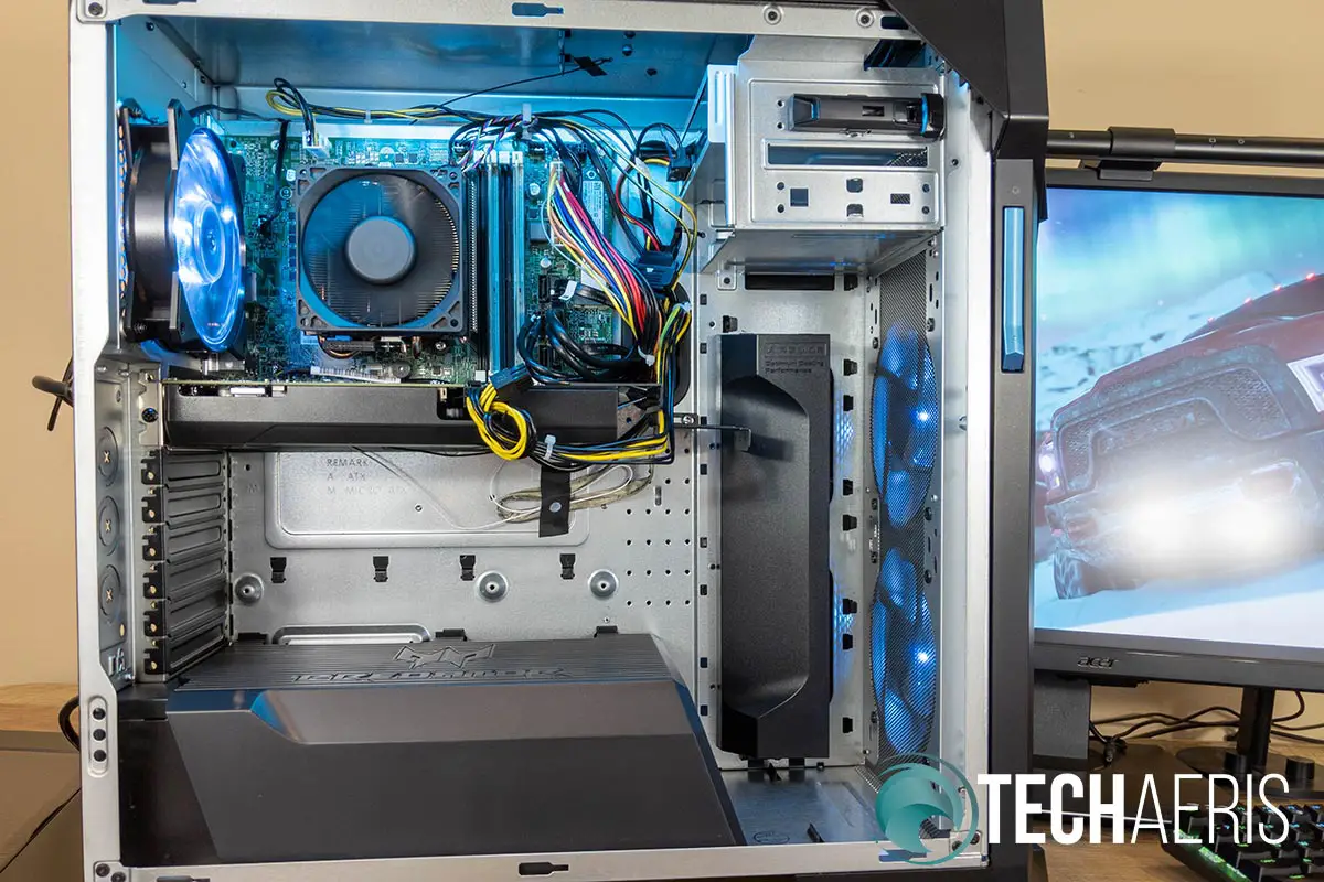 The inside view of the Acer Predator Orion 5000 gaming desktop