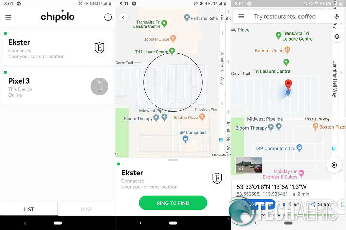 Screenshots from Chipolo app showing location of Ekster both in app and within Google Maps