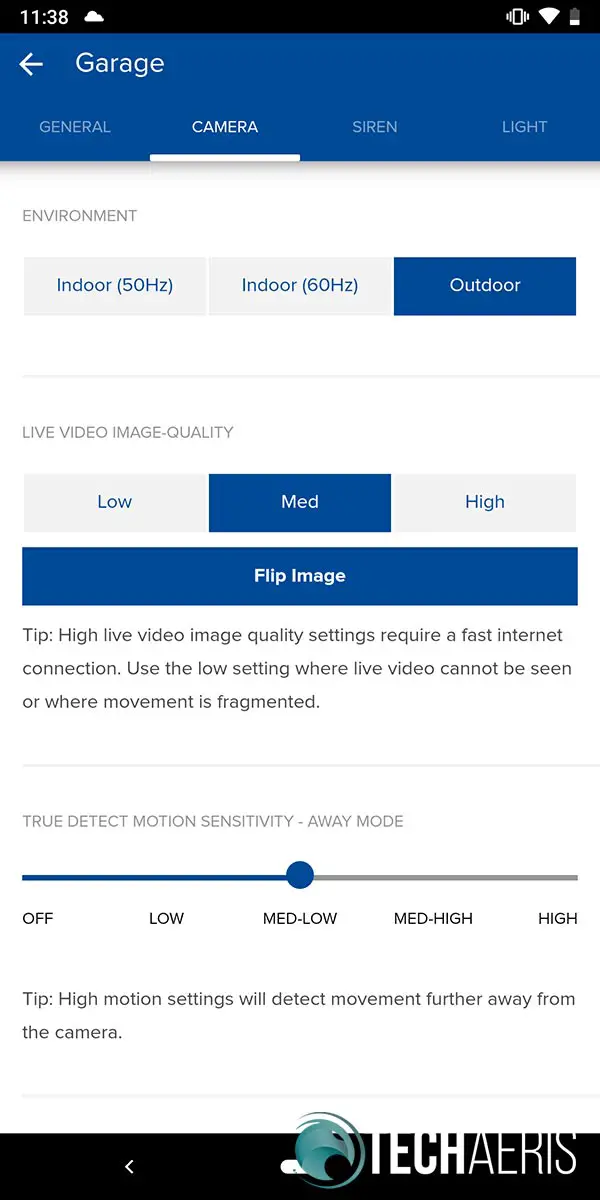Camera settings screen in SAFE by Swann app