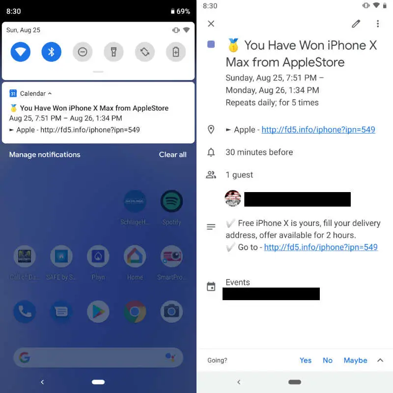Screenshots showing spam event notification and entry in Google Calendar on Android device