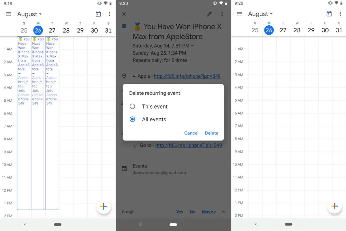 Screenshots of before and after removing recurring spam events from Google Calendar on an Android smartphone