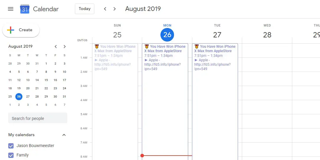 Spam events in Google Calendar screenshot