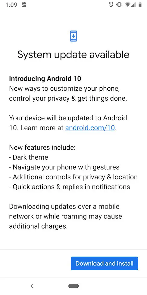 Android 10 update screenshot on Google Pixel 3