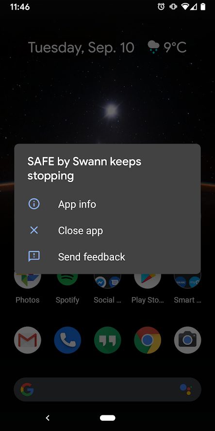 Screenshot of SAFE by Swann app crashing on Android 10
