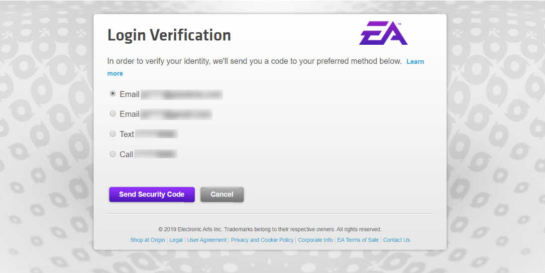 EA Login Verification screen