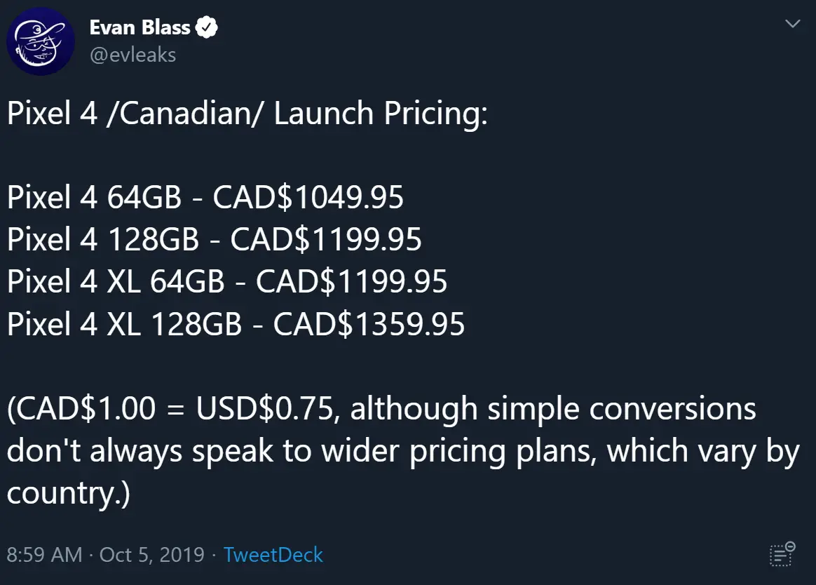 Google Pixel 4 pricing Evan Blass tweet