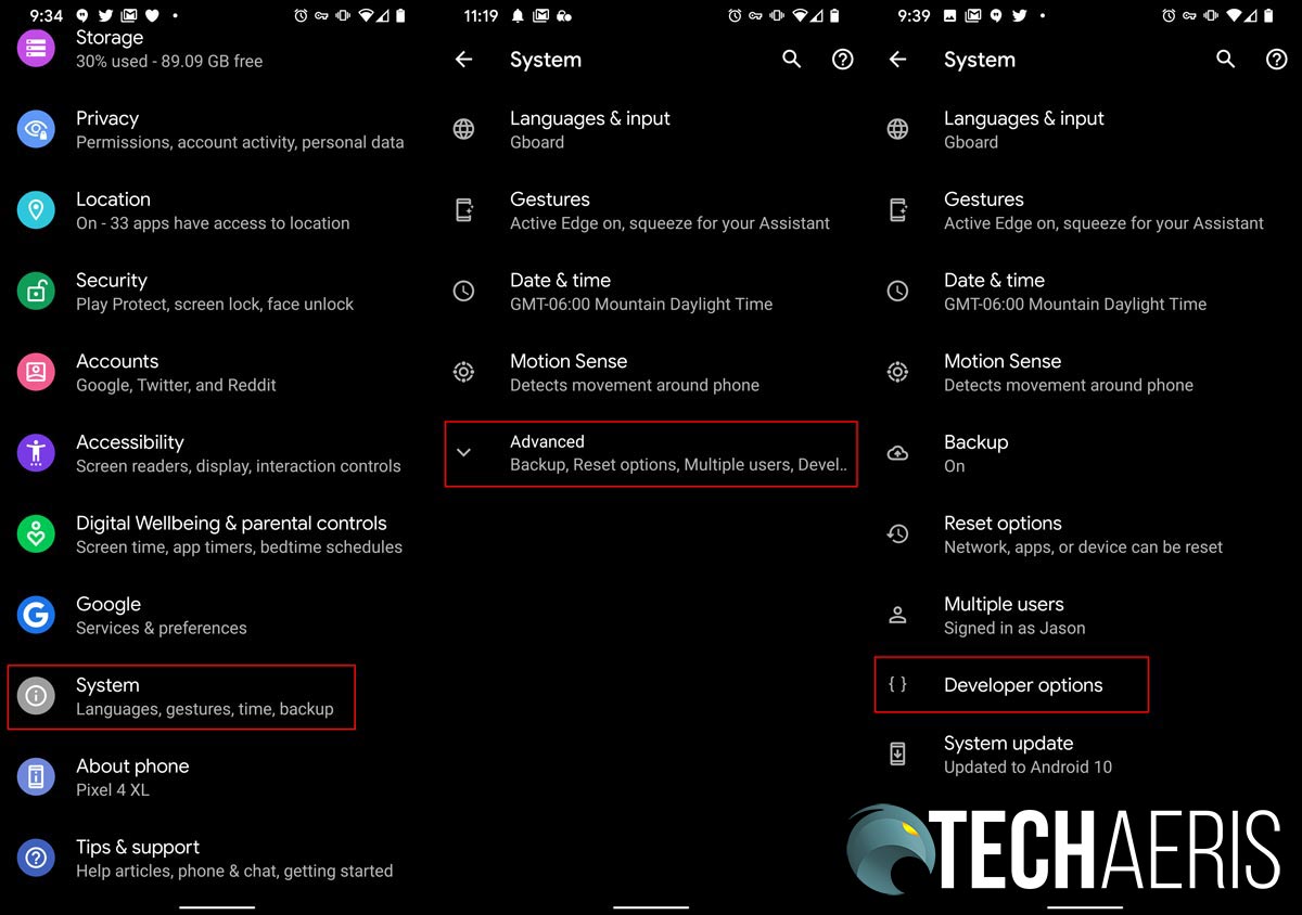 Screenshots of how to access Developer Options in Android 10 on the Pixel 4 XL