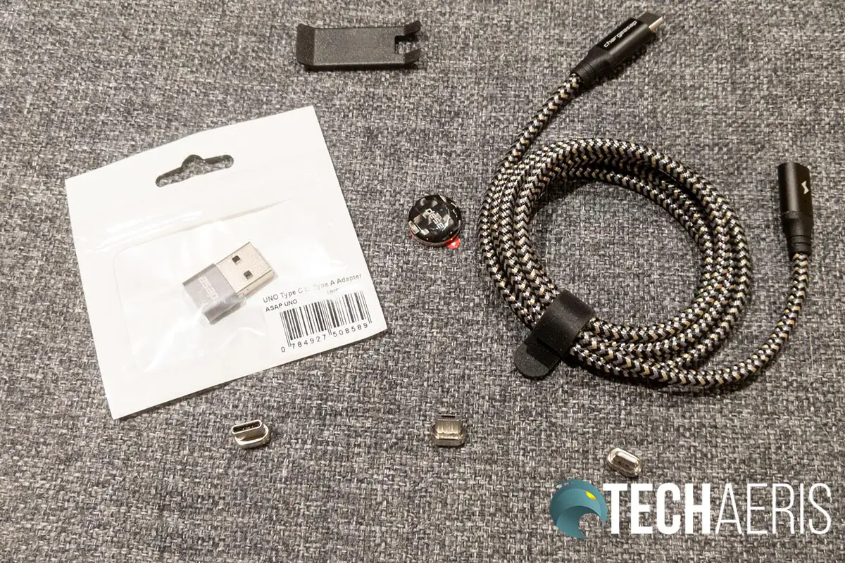 What's included with the Chargeasap Infinity Cable (also shown are optional magnetic stay and optional USB-C to USB-A adapter)