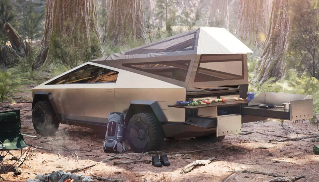 Tesla Cybertruck with camping gear