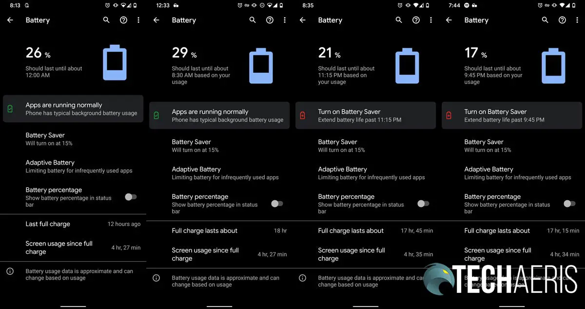 Battery life screenshots from the Google Pixel 4 XL smartphone