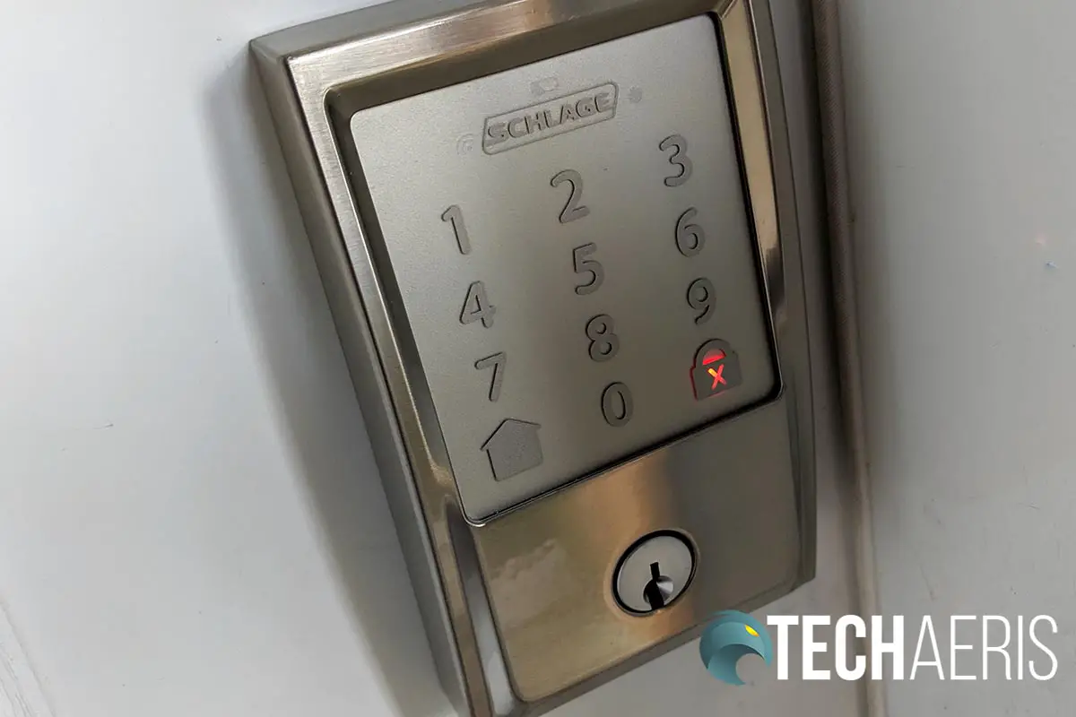 The red x indicates an invalid code entered into the Schlage Encode Smart Wi-Fi Deadbolt. Smart Keys
