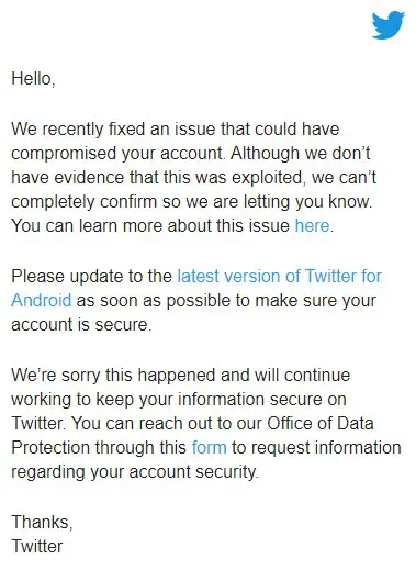 Twitter Android app security advisor email