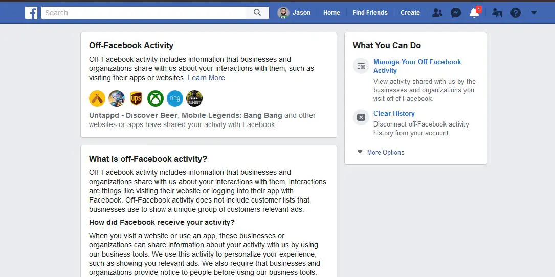 Off-Facebook Activity desktop screenshot