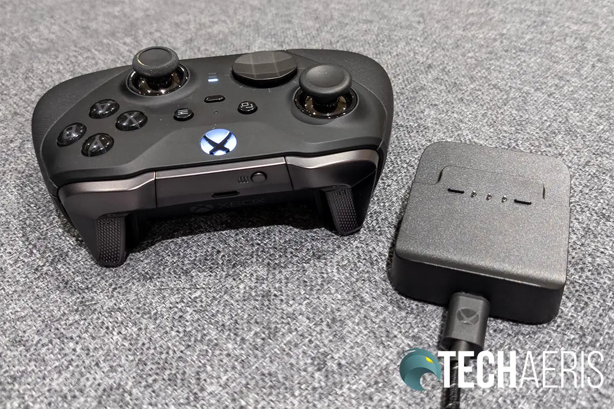 The Xbox Elite Wireless Controller Series 2 with wireless charging block