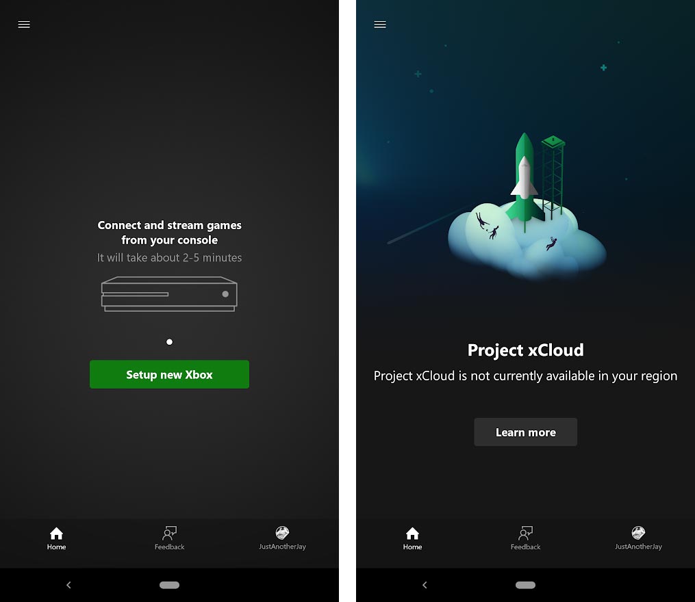 The Xbox Game Streaming (Preview) Android app screenshots when launched in Canada