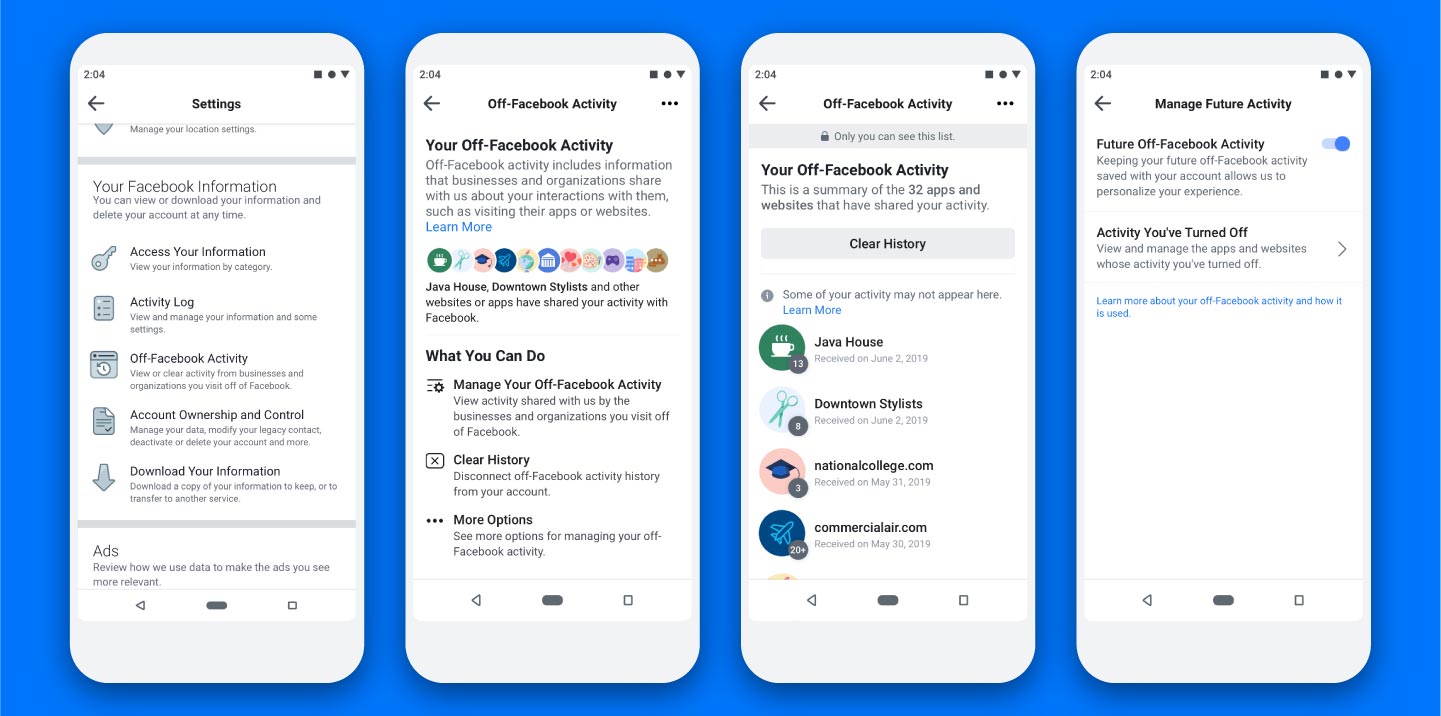 How to disable future Off-Facebook Activity on mobile devices screenshots