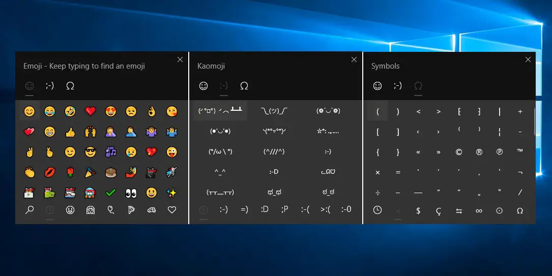 Insert symbols Windows 10 screenshots