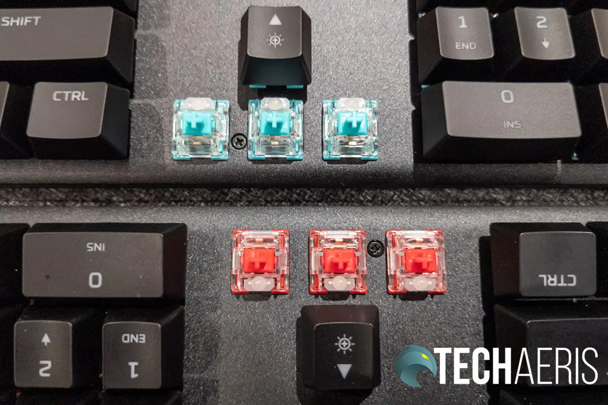 The Red linear and Aqua tactile switches on the HyperX Alloy Origins mechanical gaming keyboard