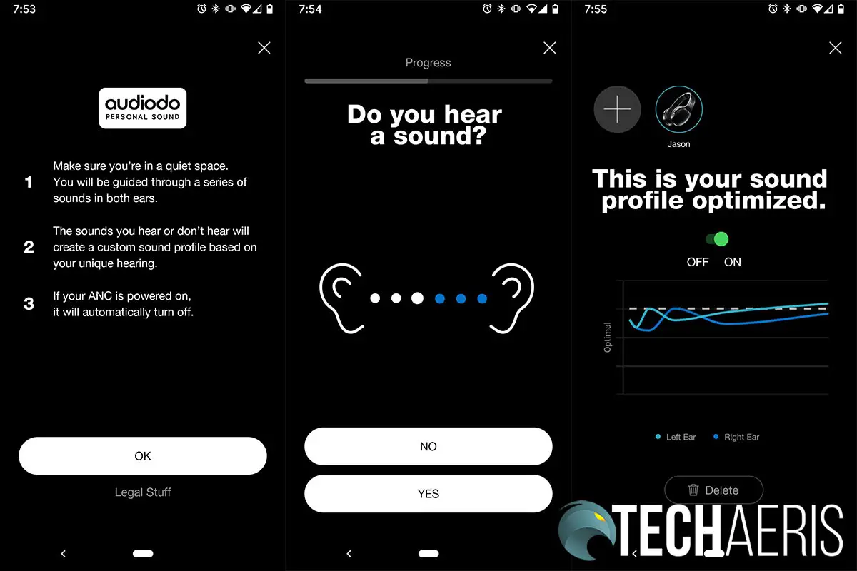 Skullcandy Android app screenshots showing personal sound setup