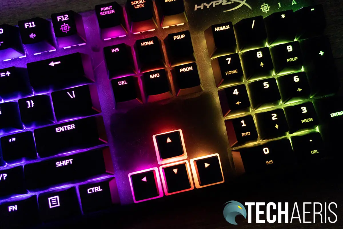 The HyperX Pudding Keycaps with black tops allow for more LED lighting to shine through