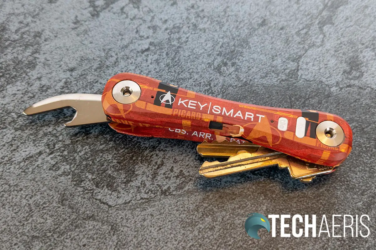 The Star Trek KeySmart Pro with keys and bottle opener
