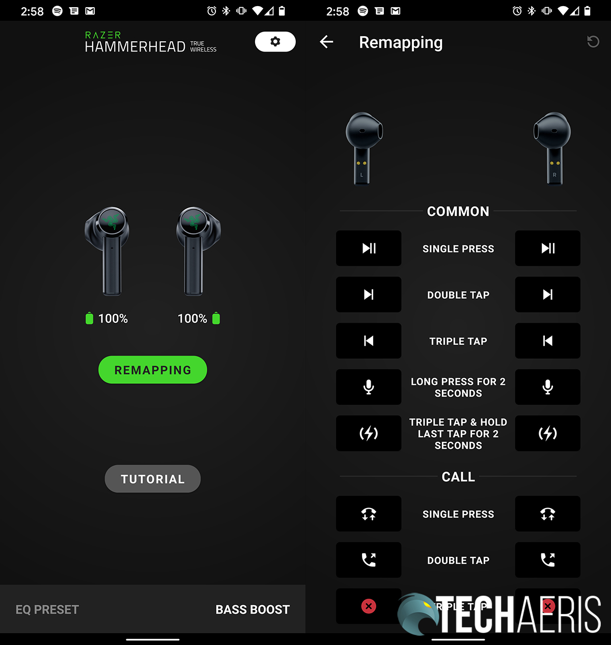 Razer Hammerhead Android app screenshots showing new remapping feature