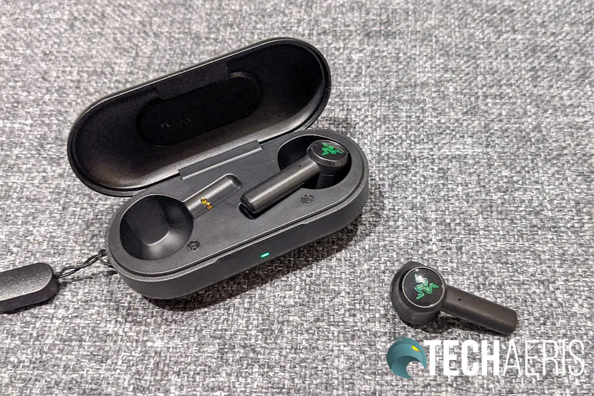 The Razer Hammerhead True Wireless Earbuds recharge in the included charging/carry case