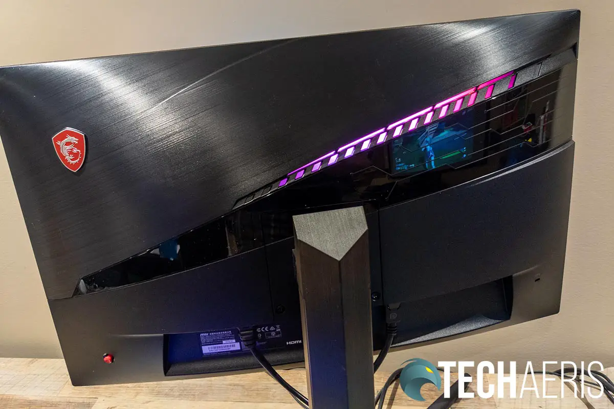 The RGB LED lights on the back of the MSI Optix MAG272CQR curved gaming monitor