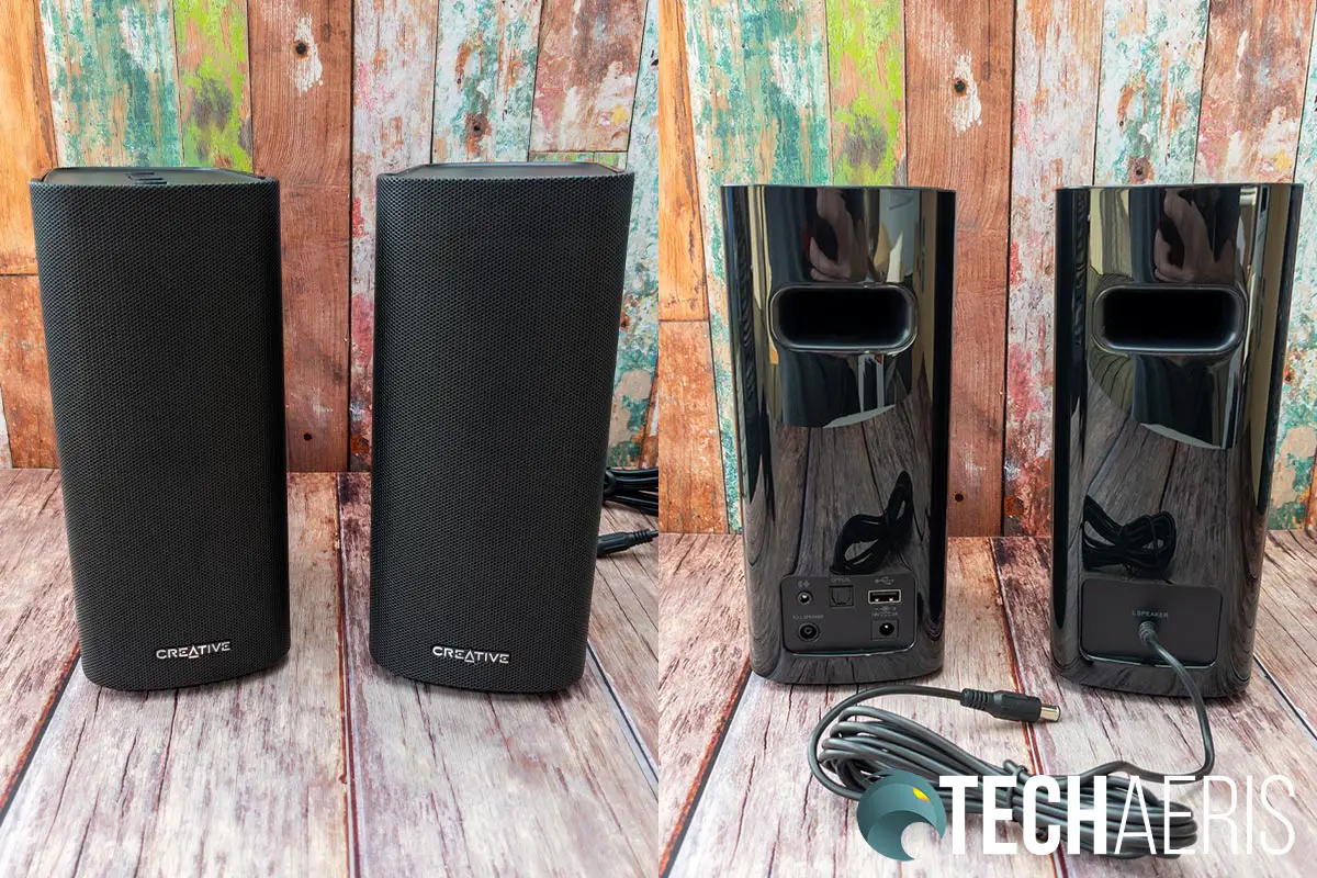 Front and back view of the Creative T100 Premium Hi-Fi 2.0 Desktop Speakers