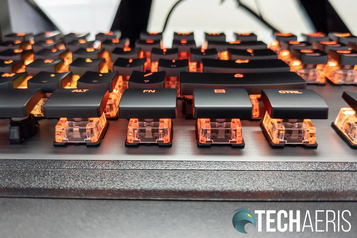 The keycaps on the ROCCAT Vulcan 120 AIMO mechanical gaming keyboard are slim