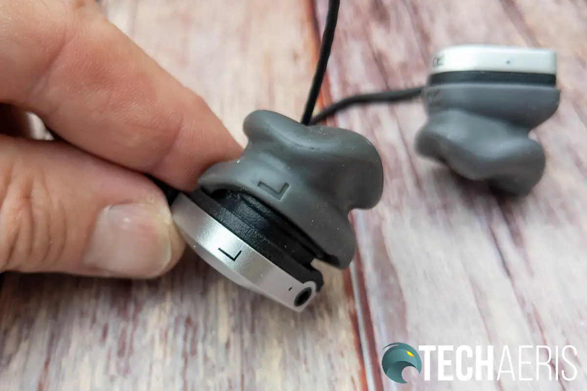 The acoustic seal for the Drown tactile audio pro-gaming earbuds snaps on easily