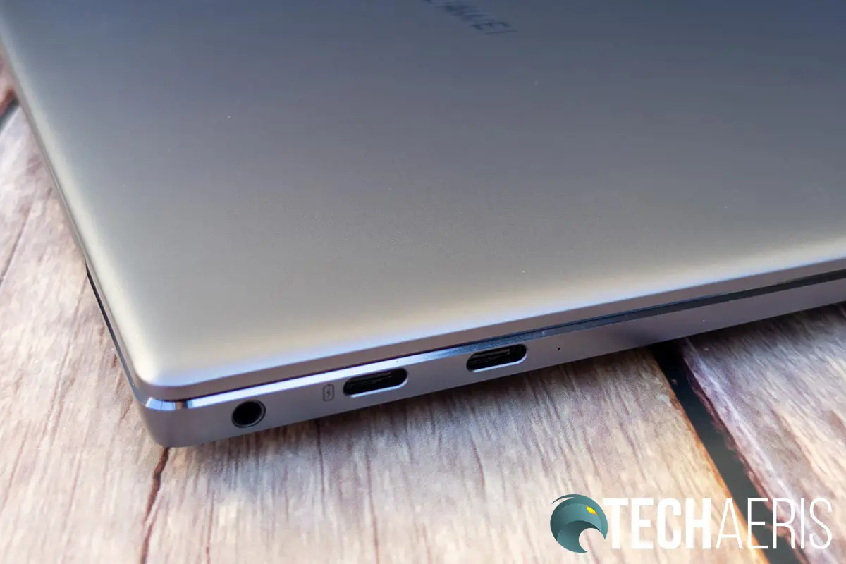 The 3.5mm audio and two USB Type-C ports on the left edge of the Huawi MateBook X Pro laptop