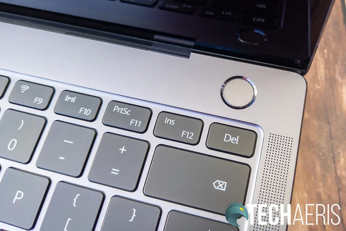 The power button/fingerprint scanner on the Huawei MateBook X Pro laptop