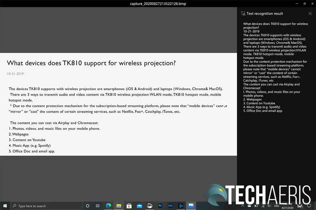 Example of the automatic text recognition when taking a screenshot on the Huawei MateBook X Pro laptop