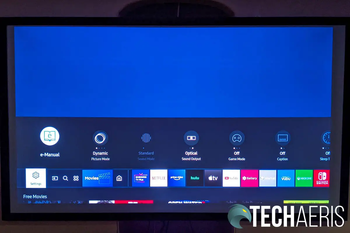 The main interface on the Samsung Premiere 4K laser projector with quick settings toggled