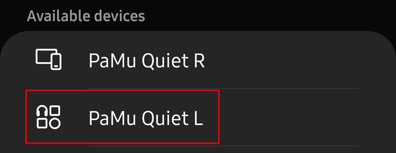 screenshot showing PaMu Quiet pairing options on Android