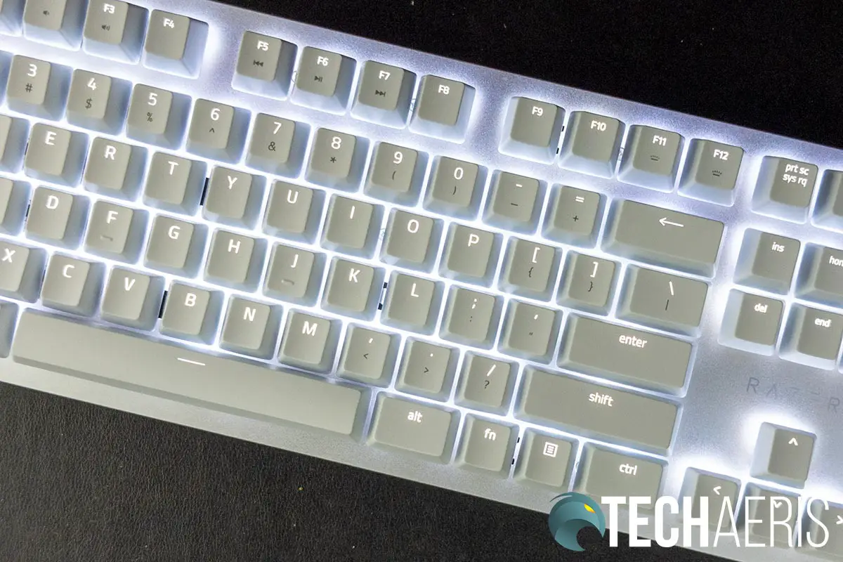 The backlight on the Razer Pro Type mechanical keyboard at full brightness