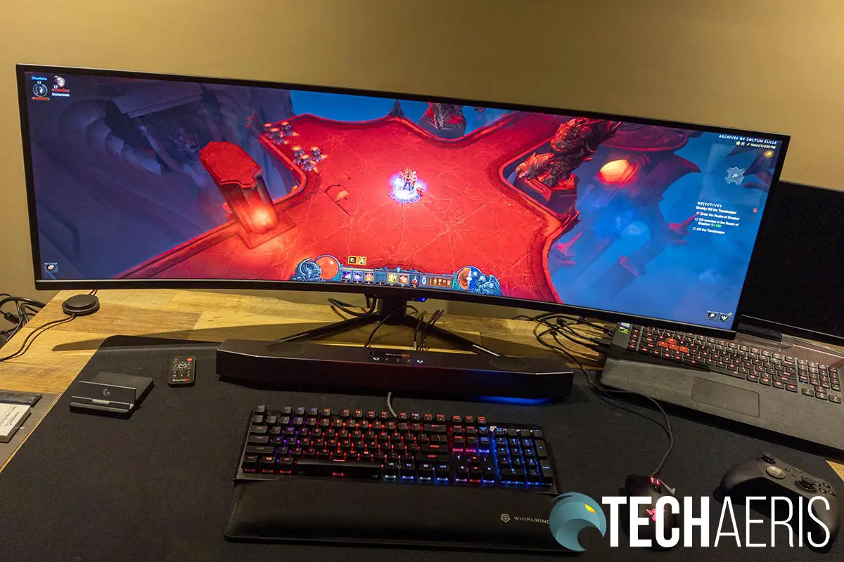 The display on the Monoprice Dark Matter 40865 49-inch DQHD Curved Gaming Monitor