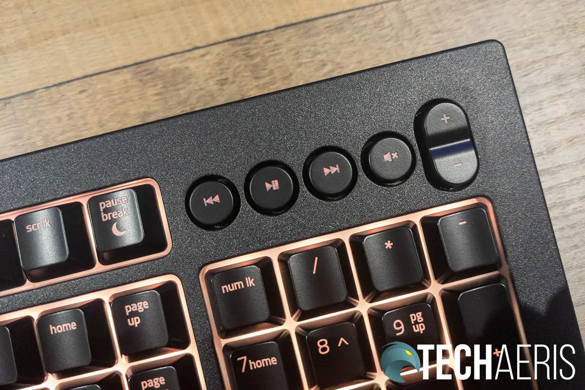 The media buttons on the Razer Cynosa V2 membrane gaming keyboard with Razer Chroma lighting on