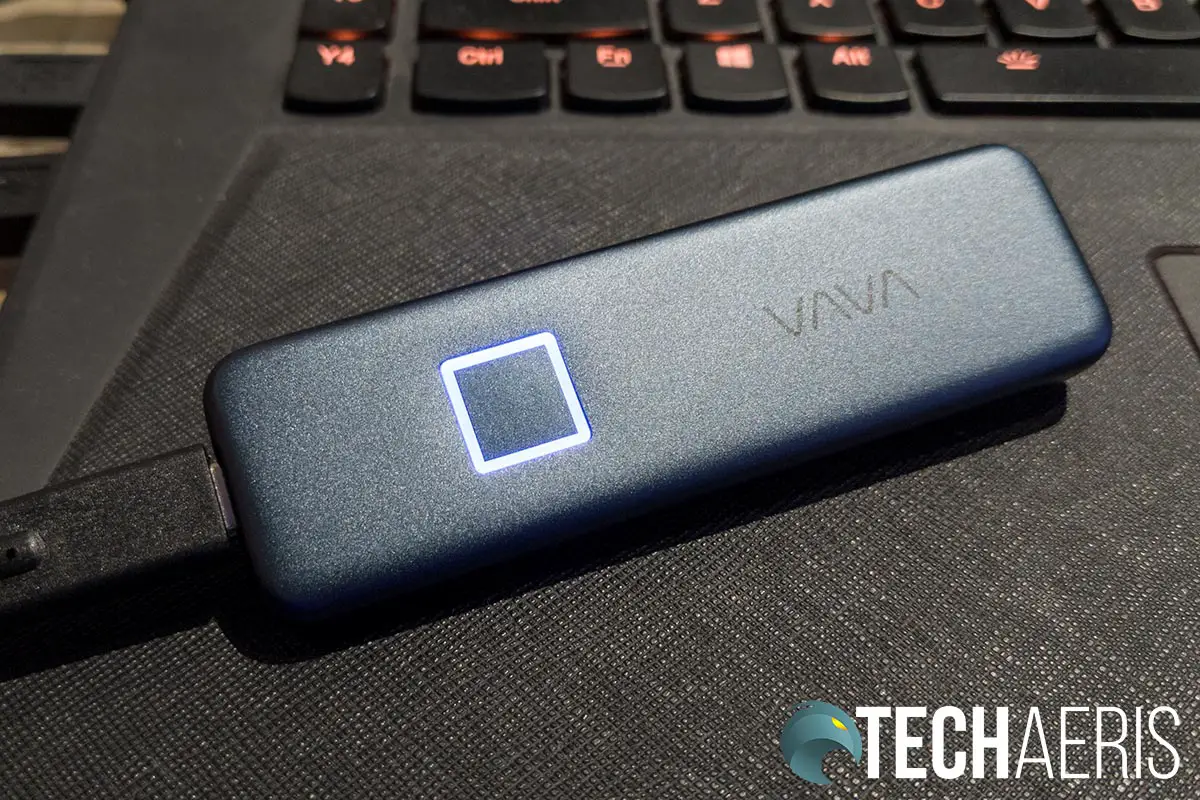 The fingerprint sensor on the VAVA Portable SSD Touch has an LED indicator ring around it