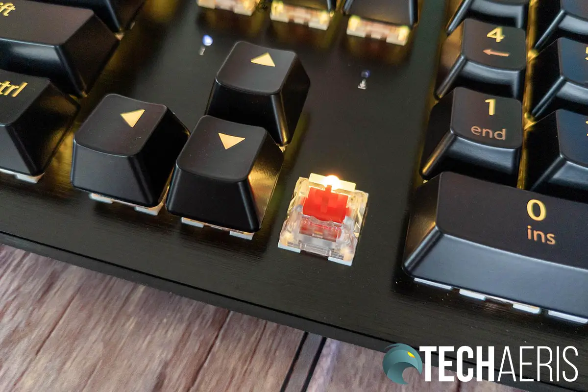 The red linear Gateron switches (one of three choices) on the Whirlwind FX Element mechanical gaming keyboard