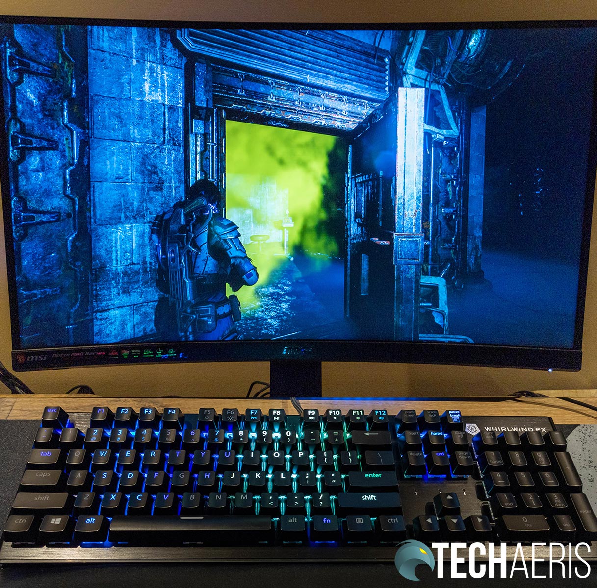 The reactive keyboard mirroring the screen while playing Gears 5 with the Whirlwind FX Element mechanical gaming keyboard