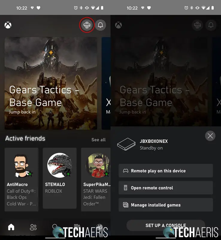 Xbox App screenshot showing current Xbox when console streaming button selected