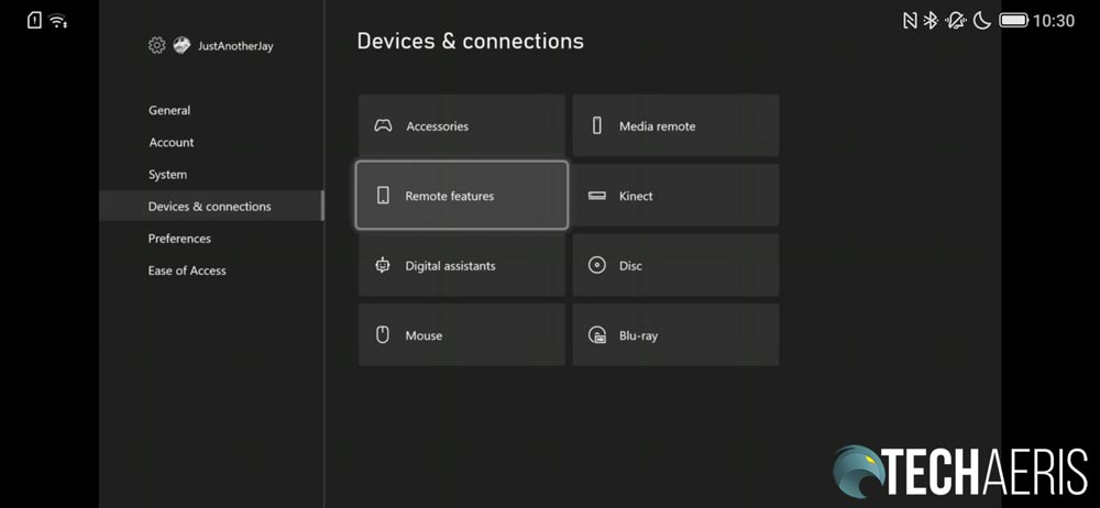 Xbox screenshot showing how to access Remote features
